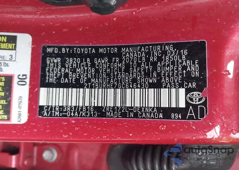 2016 Toyota Corolla Le from USA, damaged, VIN 2T1BURHE7GC646430